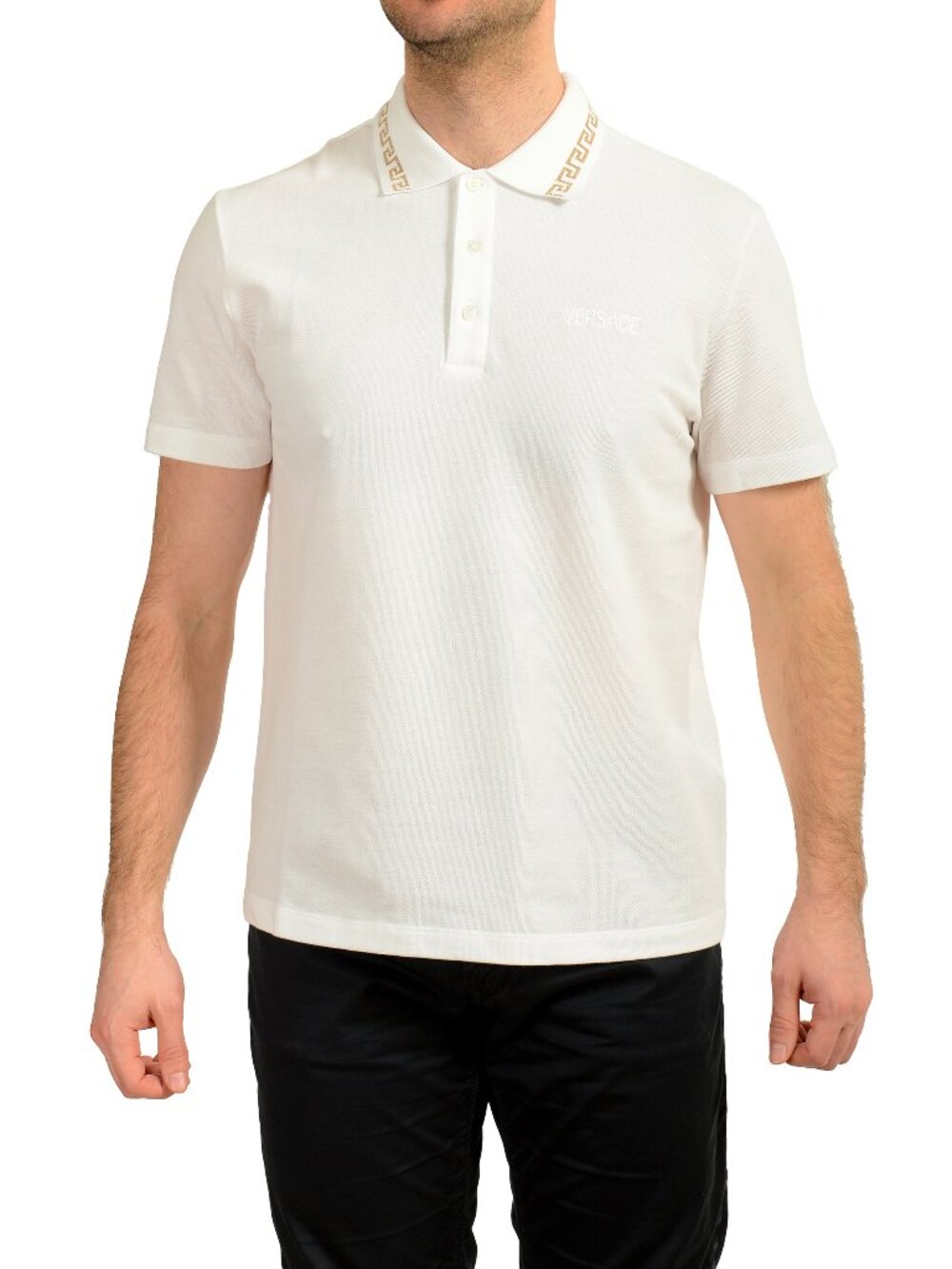 Versace Men's Gold Embroidery White Short Sleeve Polo Shirt US L IT 52